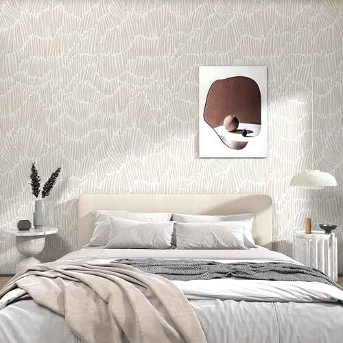 Beige Wallpaper 17.3"¡¿78.8" Modern Striped Peel and Stick Wallpaper Boho Removable Self Adhesive Wall Paper for Bedroom Waterproof White and Gold Contact Paper for Cabinets Vinyl