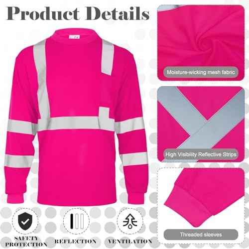 Amylove 4 Pcs Women Long Sleeve Safety Shirt High Visibility Shirts Reflective Construction Work Shirts for Women(L,Rose Red)