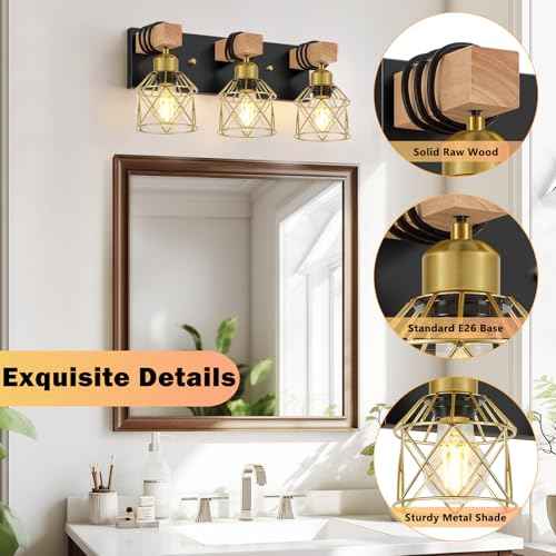 FadimiKoo Black and Gold Vanity Light, 3-Light Farmhouse Vanity Light, Bathroom Light Fixtures Over Mirror, Industrial Indoor Wall Mounted lamp for Bathroom, Living Room, Cabinet, Bedroom