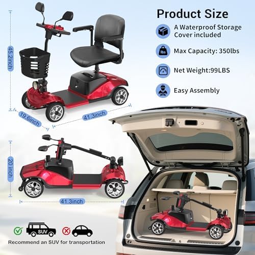 4-Wheel Mobility Scooter for Seniors, Foldable Electric Scooter, Lightweight Powered Electric Wheelchair, Compact Heavy Duty Scooter with Electromagnetic Brake, Rotating Seat, 350LBS Capacity-Red