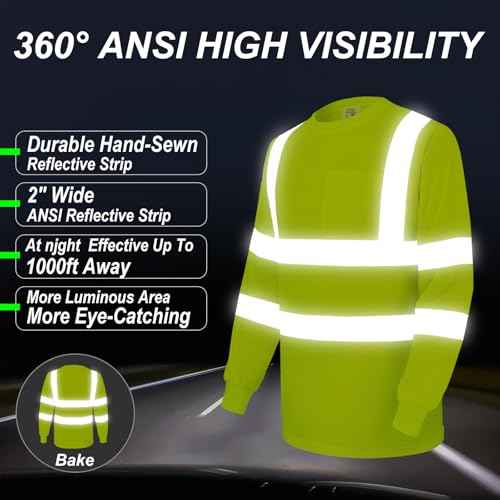 wefeyuv Safety Shirt Long Sleeve High Visibility Reflective Breathable T Shirt for Work Warehouse Construction Class 3