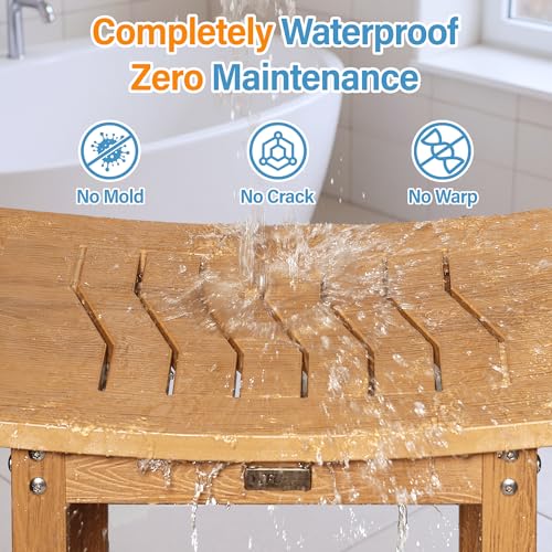 YEFU Shower Chair for Inside Shower: 21 Inch Oversized Waterproof/No Maintenance - Teak Shower Stool with Shelf & Handle 400 LBS - Bathrooms/Outdoor - Non-Slip Easy Assemble Bench for Adult/Elderly