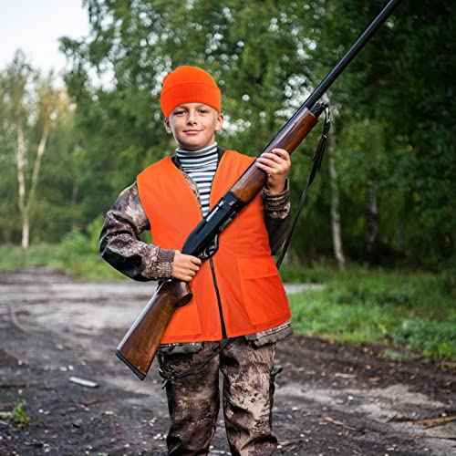 Jiuguva 6 Pcs Kids Hunting Safety Vest and Hat Set - Blaze Orange Construction Vest and Knitted Hat for Boys Girls