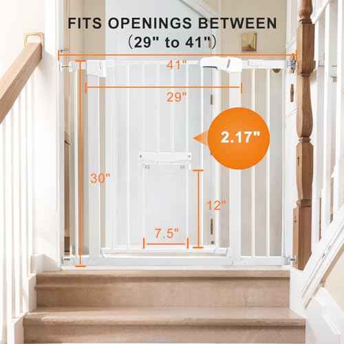 FURTIME 29"-41" Baby Gate with Cat Door Adjustable, Auto Close Dog Gate for Stairs,Doorways and House, Metal Pet Door Pressure Mounted,Easy Install, Effortless Walk Thru, White