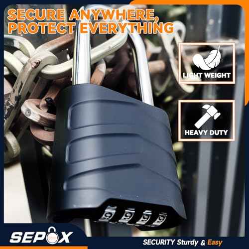 SEPOX 4PCS Large Combination Padlock, Long Shackle Outdoor Combo Lock 2.2" 55mm Heavy Duty Weatherproof, Ressetable 4Digital, Security Aluminum Body,Uncuttable Shackle, for Home, School, Gate, Garden