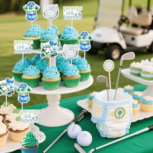 Cheereveal 24pcs Golf Baby Shower Party Cupcake Toppers, Drivers & Diapers Cake Decorations for Boys Green and Blue, Golf Sports Themed Gender Reveal Birthday Party Supplies
