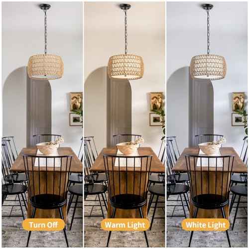 WILON 12.4'' 3-Light Rattan Chandelier with Fabric Shade, Dining Room Light Fixtures Over Table, Modern Boho Pendant Lights Kitchen Island Lighting, Farmhouse Rustic Drum Hanging Lamp with E26 Base