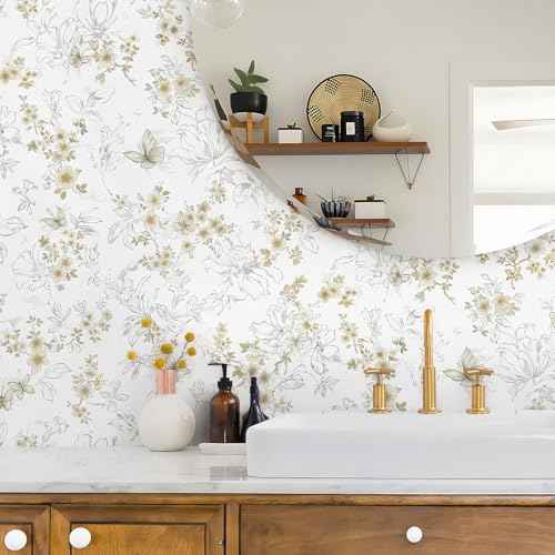 Vintage Peel and Stick Wallpaper Floral Boho Contact Paper for Cabinets Wildflower Neutral Self Adhesive Contact Paper Butterfly Removable Waterproof Wallpaper Bathroom Bedroom 17.3inW 78.7inL