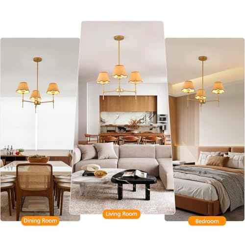 Gold Farmhouse Chandelier 3-Light Boho Pendant Lamp with Rattan Shade 26¡®¡¯ Rustic Chandelier Light Fixture with Height Adjustable Hanging Pole for Dining Room, Living Room, Bedroom, E12 Base