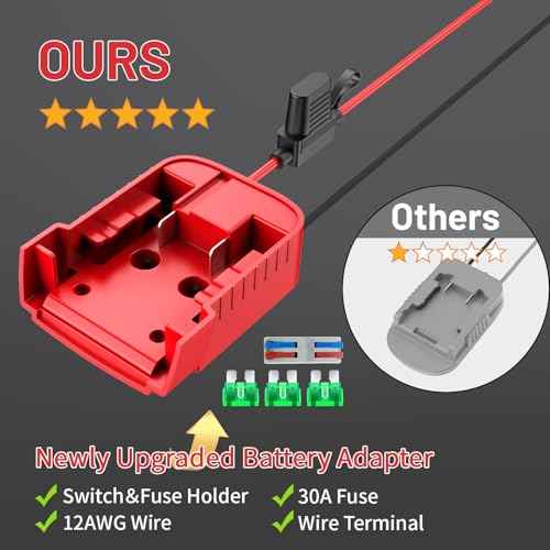 for Power Wheel Adapter Compatible with Milwaukee 18V Battery, Converter Kit with Built-in Switch, Fuse Holder, Wire Terminal, 12AWG Wire for DIY RC Cars (1-Pack)