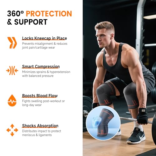 Compression Knee Brace for Women Men 2 Pack Compression Knee Sleeve Knee Brace for Knee Pain Arthritis Meniscus Tear Knee Support for Running Workout Wrestling Weightlifting Sport Athletics Orange M