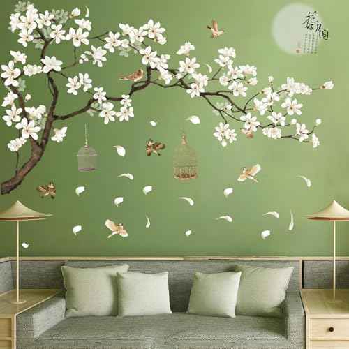 Large Chinese Style White Flowers Wall Stickers with Black Tree Flying Birds Wall Decals, Removable DIY Wall Art Decor Murals for Offices Living Room Bedroom Study Room Home Walls Decoration, 50x74in