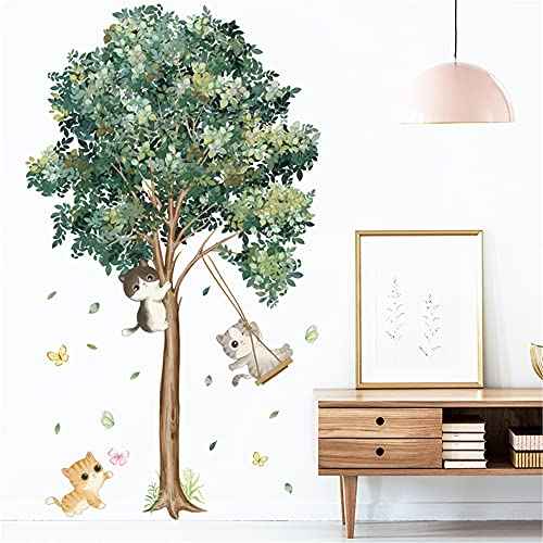 WAFT YEARN Removable Tree Green Plants Leaves Butterfly Flower Cat Hanging Vine Farmhouse Style Wall Decal Wall Stickers for Nursery School Classroom Bedroom Bathroom Boys Girls Room Playroom