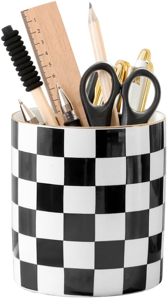 Ceramic Checkered Pen Holder For Desk Cute Stand Gold Line Pencil Cup Pot Desk Organizer, Office Desktop Decor, Makeup Brush Holder for Girls,Women (Black-white)