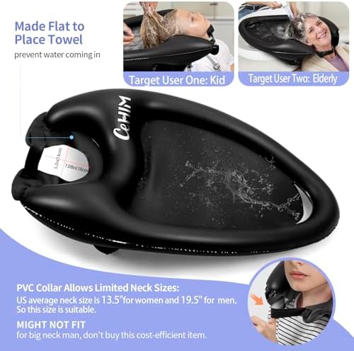 Inflatable Shampoo Basin - Portable Shampoo Bowl, Hair Washing Basin for Bedridden, Disabled,Injured, Hair Wash Tub for Dreadlocks and at Home Sink Washing (Black, Large)