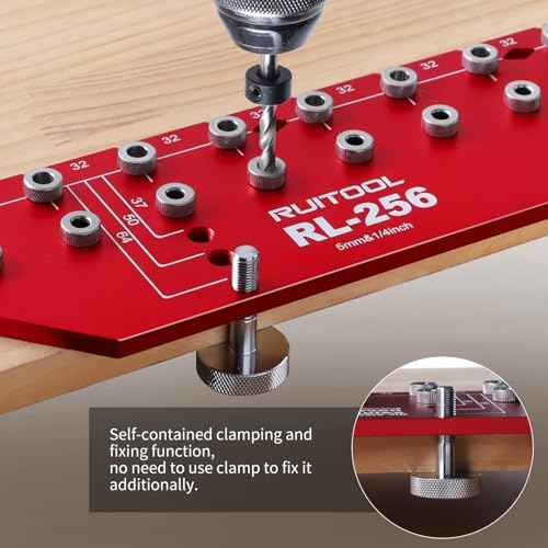 RUITOOL Shelf Pin Jig 11 Holes, Self-contained Clamping Function All Metal Shelf Pin Drilling Jig with 1/4" and 5mm Drill Bit, Shelf Hole Jig and Cabinet Hardware Jig Tool Drill Guide with Storage Bag