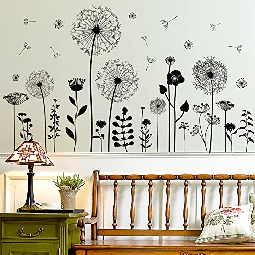 Large Dandelion Wall Stickers, Attractive Flying Flowers Wall Decals, Removable Plants Wall D?cor, DIY Art Mural Vinyl for Bedroom Living Room Sofa Backdrop Classroom Decoration (Black)