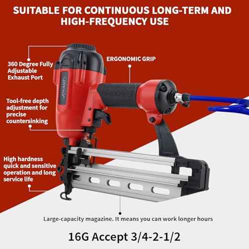 Pnumatic Finish Nailer,16Gauge nail Gun Acepts 3/4 Inch up to 2-1/2 Inch finish Nails.Brad Nailer Gun Can Hit Hardwood Ideal for Upholstery, Woodworking Door (Include portable bag)