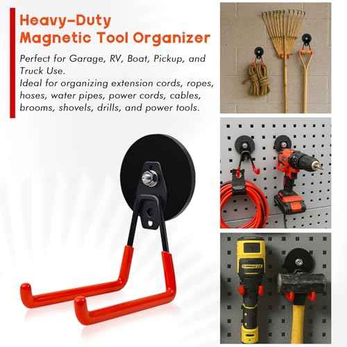 Heavy Duty Large Magnetic Hooks ? Strong Storage Utility Magnet Hook with Anti-Slip Rubber Coating for Power Tools, Garden Equipment, Pegboard, Garage & Workshop Use - 2 Pack