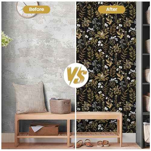 Abyssaly Vintage Floral Wallpaper Peel and Stick Boho, Black and Gold Academic Contact Paper, Self Adhesive Removable Moody Wallpaper for Wall Cabinets 17.7 in X 118 in