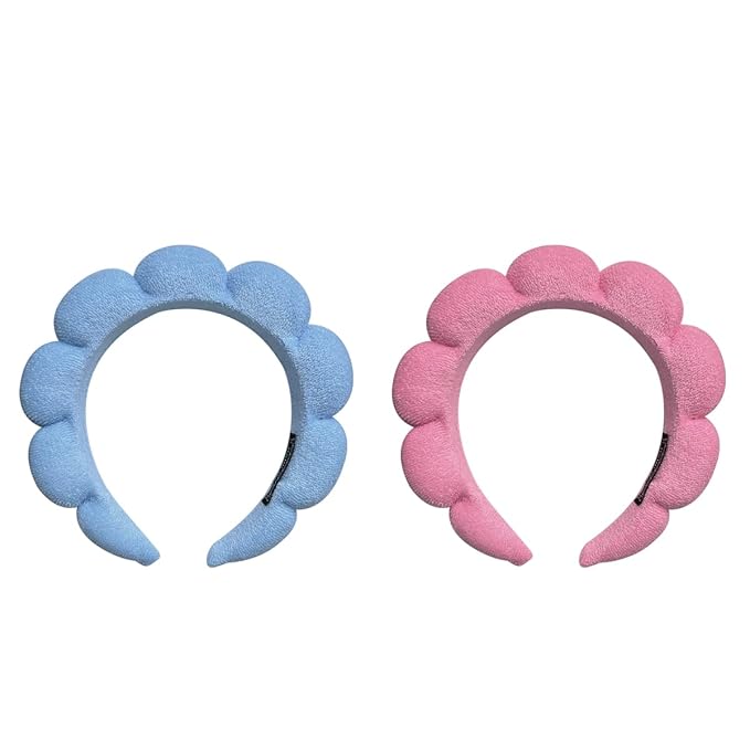 Puffy Sponge Spa Hairband, 2 Pack for Women Face Washing, Makeup Removal, Shower, Skincare (Pink, Blue)