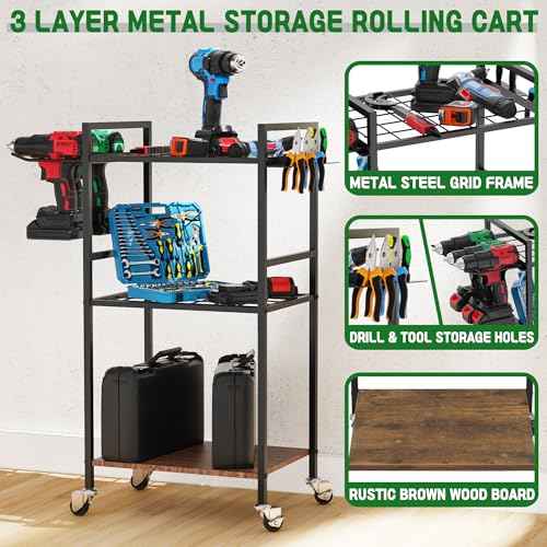 ULIBERMAGNET Power Tool Storage Organizer Cart, Metal Open Tool Rack Cart with Wheels,Heavy Duty Rolling Utility Storage Drill Rack Shelf for Garage, Shed, Yard Tool Holder, Basement,Gift Ideas