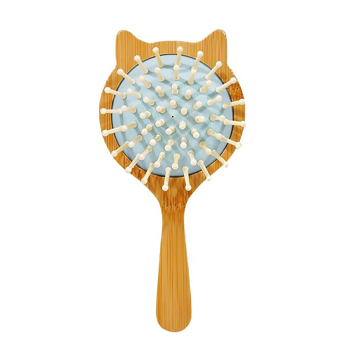 Cute Cat Shape Blue Mini Bamboo Hair Brush - Kids Travel Hairbrush with Air Cushion, Anti-Frizz Detangler for Girls (Adorable Kitten Design)