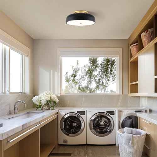 Dimmable LED Ceiling Light, Black and Gold Light Fixture, Mid-Century Semi Flush Mount Ceiling Light 5CCT 2700K-6000K Ceiling Lamp for Laundry Room Kitchen, Bedroom, Hallway(11.8in)