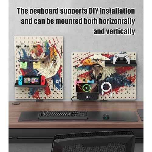 CCCEI Modular Pegboard Desk Organizer and Storage, Gaming Office Supplies Shelf Accessories with Outlets and USB, Metal Privacy Panels Peg board Deco Clamp on Table, Gifts for Men, 10FT.