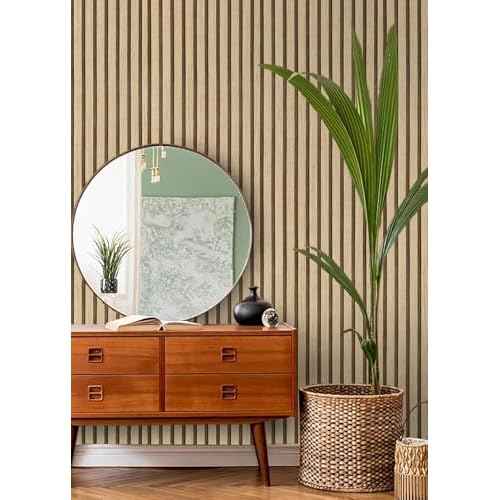 Hopepak Wood Slat Wallpaper Brown Peel and Stick Wallpaper for Bedroom 17.3''x118'' Modern Self Adhesive Removable Wall Paper Faux Wood Grating Stripe Contact Paper Vinyl