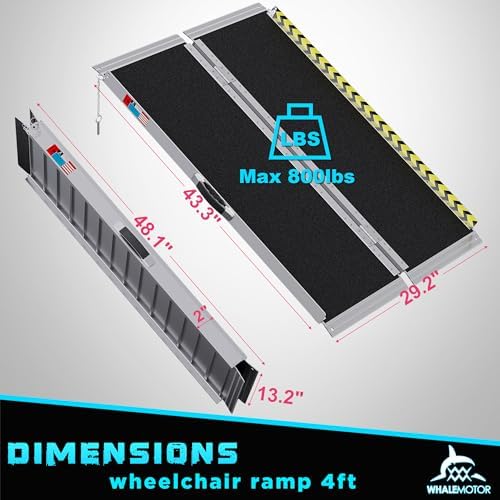 WHALEMOTOR Portable Wheelchair Ramp 4FT, Anti-Slip Aluminum Folding Portable Ramp, Wheelchair Ramps for Home, Weight Capacity Up to 800 LBS, with Transition Plates Above and Below, Loading Dock Plates
