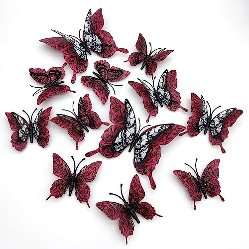 24 Pcs Halloween Wall Stickers - 3D Double-Layer Butterfly Wall Decor & Window Decals for Home Room Art DIY Decoration (Red & Black, Removable)