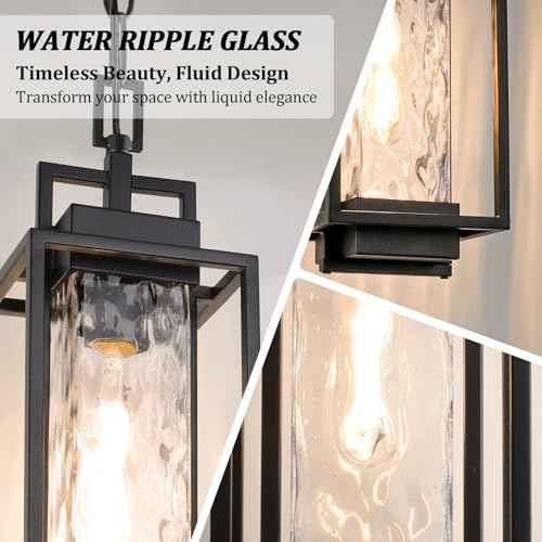 BesLowe 15¡± Outdoor Pendant Light with LED Bulb, Modern Hanging Lantern Light for Outside with Water Ripple Glass, Black Exterior Pendant Lighting Fixture, Outdoor Chandelier for Front Porch, Gazebo