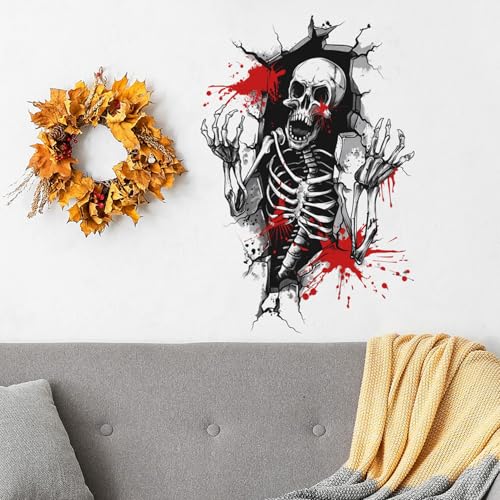 Halloween Wall Decor 3D Horror Skeleton with Blood Wall Decals for Living Room Self-Adhesive Removable Skeleton Wall Stickers for Home Room Bedroom Wall Art Halloween Party Decorations