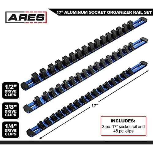 ARES 60125-3-Piece Blue 17-Inch Aluminum Socket Rail Set with Locking End Caps - Includes 1/4-Inch, 3/8-Inch, and 1/2-Inch Drive Rails - Each Aluminum Rail Stores up to 16 Sockets