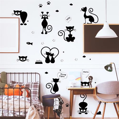 Cute Black Kittens Wall Stickers, sacinora Cat Paw Print Star Cloud DIY Wall Decals Removable Vinyl Peel and Stick for Bedroom Nursery Study Room Playroom Furniture Step Art Home Decorations