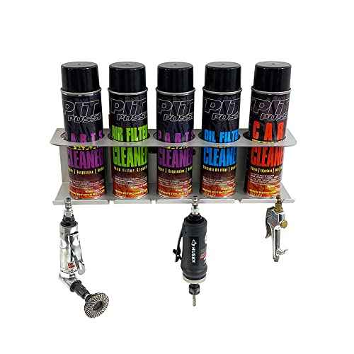 Pit Posse PP3353 Pneumatic Tool Holder Aerosol Rack Combo-Made in USA- Wall Mounted Spray Can Bottle Holder, Air Tool Organizer for Garage, Trailer,Workspace, Toy Hauler- Holds 5 cans, 6 Slots