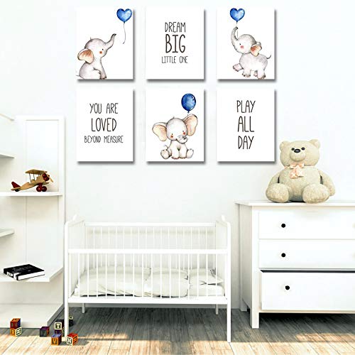 Set of 6 Unframed Baby Boy Wall Art Prints, Blue Elephant Wall Decor with Balloons for Boy's Room (8" x 10")