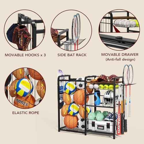 Garage Sports Equipment Organizer, Ball Storage for Gear and Toys, Large Capacity, Sports Organizer for Garage with Hooks and Baskets, for golf, Football, Soccer Ball, Bat