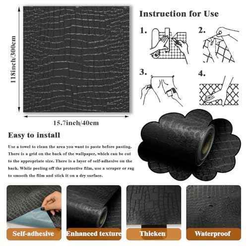 Black Wallpaper Peel and Stick Wallpaper Self Adhesive Removable Wall Paper Vintage15.7 x118 Textured Wallpapers Dark Black Contact Paper for Bedroom Cabinets and Drawers Vinyl Roll