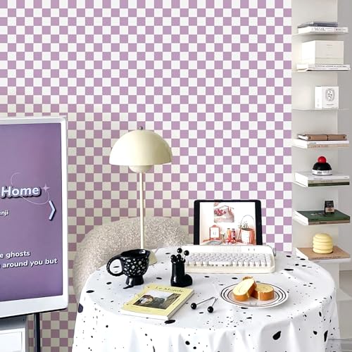 CAX Mosaic Wallpaper Purple and White Peel and Stick Wallpaper 17.3''x120'' Checkered Contact Paper Modern Self-Adhesive Removable Wallpaper Checkerboard Waterproof Wall Paper Bedroom,Living Room