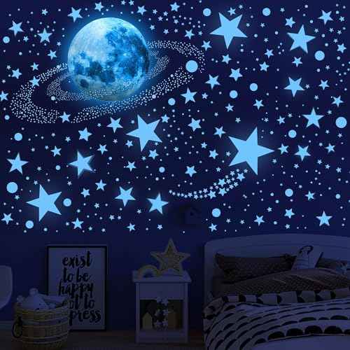 492 Glow in The Dark Stars & Moon Space Galaxy Universe Planet Wall Decals - Blue Glowing Stars Stickers for Kids Bedroom, Nursery & Living Room Decor