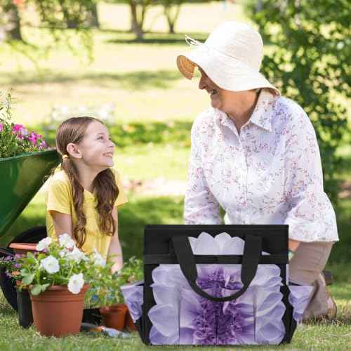 Purple Dahlia Garden Tool Bag Waterproof Gardening Tool Storage Bag with Handle & 10 Pockets Gardening Tote Bag for Women Garden Tool Organizer