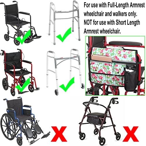 Wheelchair Storage Bag, Double-Sided Armrest Pouch with Cup Holder and Reflective Strip, for Wheelchairs and Walkers (White Floral)