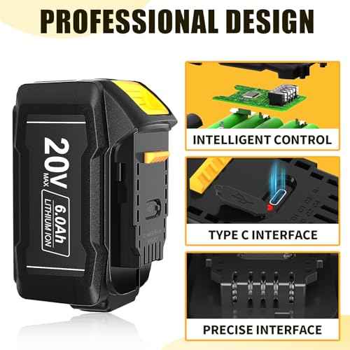 DSANKE 20V 6.0Ah Battery Replacement for Dewalt 20V Battery DCB200 DCB206 DCB207 DCB204 DCB203 DCB201 DCB200 DCB180 DCD/DCF/DCG/DCS Series 20 Volt Battery with Type-C USB Port
