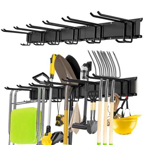 Garage Tool Organizer Wall Mount, 48" Heavy Duty Black Rack with 3 Rails & 6 Double Hooks, Wall Mounted Tool Hanger for Rakes, Shovels, Brooms, Ideal for Garage, Shed, Workshop