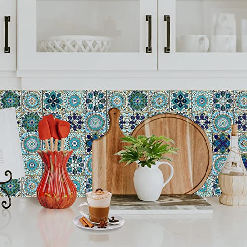 24Pcs Peel and Stick Tile Stickers, 4x4 Bathroom & Kitchen Backsplash Tile Decals Waterproof Self-Adhesive Square Vinyl Wall Decals Mandala Style Wall Decor (Best When adhered to Tiles