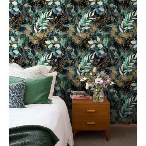 HAOKHOME Peel and Stick Wallpaper Boho Forest Vintage Removable Black/Green/Matte Gold Vinyl Self Adhesive Mural for Bedroom 17.7in x 6.5ft
