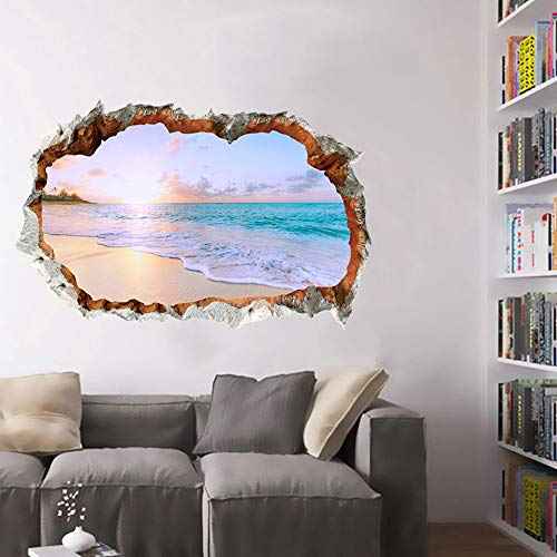 3D Broken Wall Removable Sunny Beach Wall Stickers for Bedroom Living Room Study TV Background Decoration