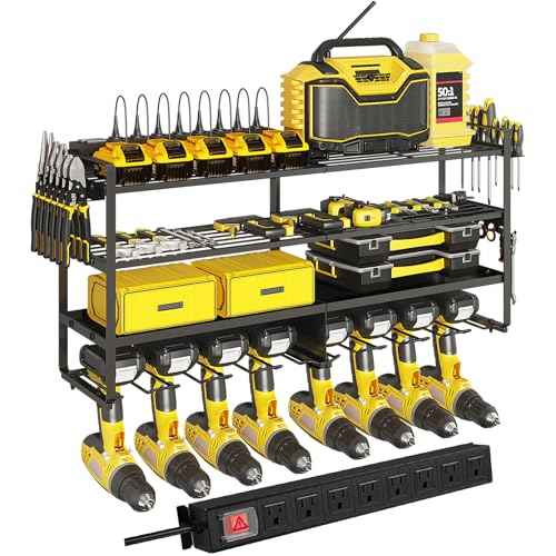 1 Pack Power Tool Organizer Wall Mount with 8 Outlet Power Strip, 4-layer Heavy-duty Metal Tool Storage Rack, Maximum Load of 400lbs, Garage Organization with 4 Racks and 8 Cordless Drills